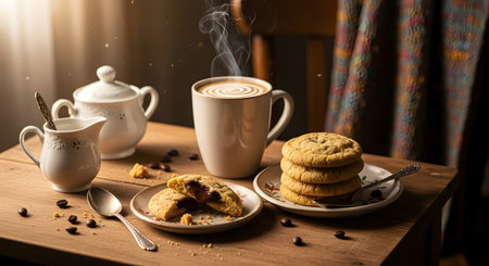 A steaming mug of coffee sits beside a stack of cookies and biscotti on a rustic wooden surface, bathed in warm, inviting light.の素材