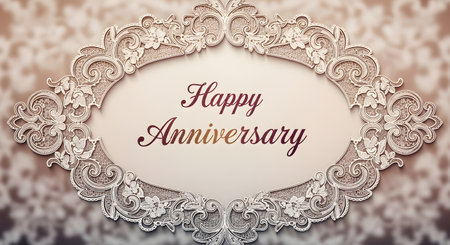 A vintage-style greeting card featuring the words "Happy Anniversary" within an intricate, lace-like frame against a soft, patterned background.の素材
