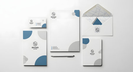 A clean and elegant stationery set featuring abstract blue and gray shapes, minimalist design, and subtle calligraphy elements.の素材