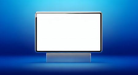 A modern, empty digital billboard with a white screen stands on a stand against a vibrant blue gradient background.の素材
