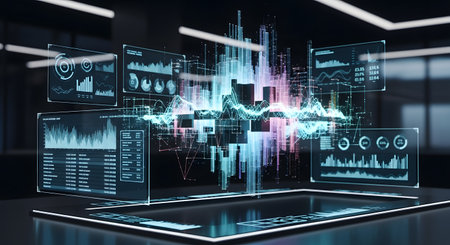 A glowing, transparent holographic display projects complex data visualizations, charts, and graphs in a modern, futuristic setting.の素材