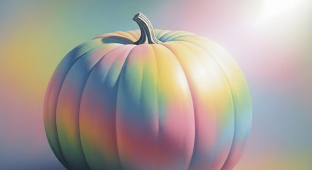 A close-up of a pumpkin with soft pastel rainbow stripes painted on its surface. The background is blurred with a gentle bokeh effect.の素材