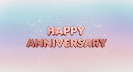 Rose gold foil balloons spell out Happy Anniversary against a soft pastel gradient background with subtle glitter. A celebratory greeting.の素材