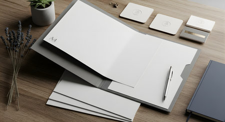 A sophisticated flat lay features crisp white stationery, a small potted plant, dried lavender, and a dark notebook on a wooden surface.の素材