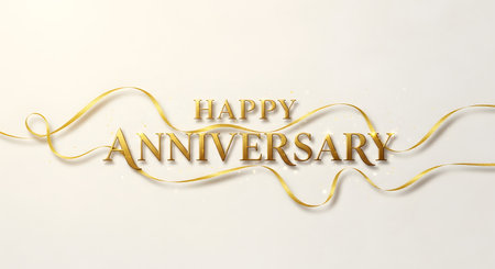Golden 3D text spelling 'Happy Anniversary' is intertwined with flowing golden ribbons on a soft, light background.の素材