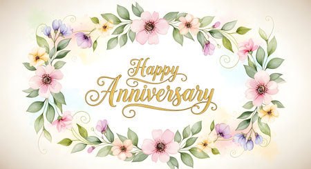 A delicate watercolor floral wreath frames elegant golden script that reads 'Happy Anniversary' on a soft, textured background.の素材