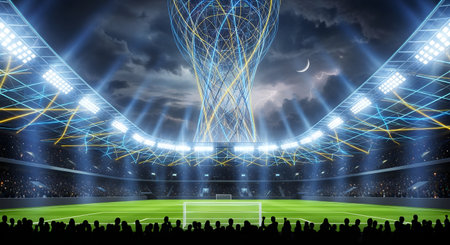 A vibrant soccer stadium is illuminated by bright lights and a dazzling fireworks display, with a cheering crowd silhouetted below.の素材