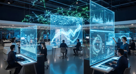 People interact with glowing blue holographic screens displaying complex data visualizations and abstract digital art in a modern, high-tech environment.の素材