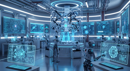 A high-tech laboratory with glowing blue holographic interfaces, robotic arms, and scientists working on advanced research.の素材