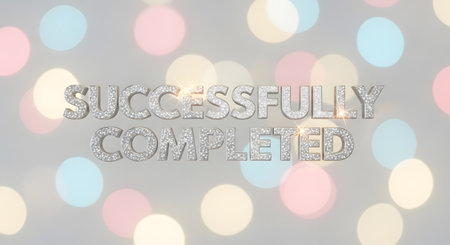 The words Successfully Completed are displayed in a textured font over a soft, blurred background of colorful bokeh lights.の素材
