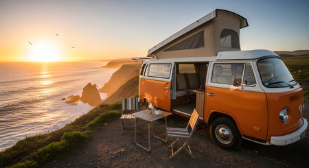 An orange and white vintage camper van is parked on a cliff overlooking the ocean at sunset, with the door open.の素材