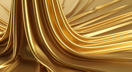 A close-up view of luxurious, flowing golden liquid with smooth, undulating waves and shimmering highlights.の素材