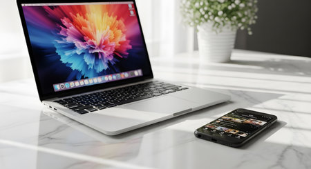 A sleek silver laptop displays a vibrant abstract wallpaper, next to a dark smartphone on a clean, sunlit desk.の素材