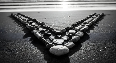 A striking V-shaped formation of driftwood and stones is artfully arranged on a wet sandy beach, with the ocean in the background.の素材