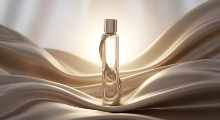 A tall, slender perfume bottle stands prominently, bathed in soft light, surrounded by luxurious, flowing cream-colored silk fabric.の素材