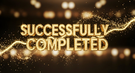 Golden text reading 'SUCCESSFULLY COMPLETED' shimmers with sparkling particles and a blurred background of bokeh lights.の素材