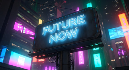 A glowing neon sign proclaiming 'FUTURE NOW' is centered amidst a dense, futuristic city with vibrant, colorful lights reflecting off buildings.の素材