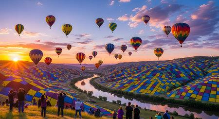 Dozens of vibrant hot air balloons fill the sky above a winding river and colorful landscape as the sun rises.の素材