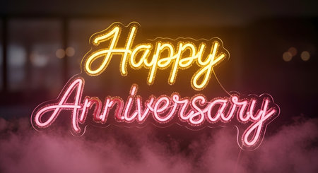 A glowing neon sign displays "Happy Anniversary" in cursive script, illuminated with warm yellow and vibrant pink light, set against a dark background with soft pink haze.の素材