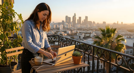 A woman works on her laptop on a balcony overlooking a city skyline during a beautiful sunset.の素材