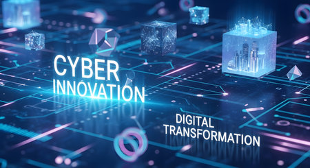 Abstract digital landscape with glowing text 'Cyber Innovation' and 'Digital Transformation' amidst abstract geometric shapes and circuit patterns.の素材