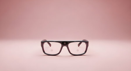 A pair of vintage-inspired, dark-rimmed eyeglasses with clear lenses rests on a smooth, pale pink surface.の素材