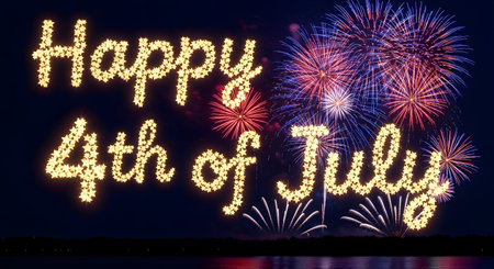 Bright yellow text spelling 'Happy 4th of July' illuminates against a dark sky filled with a vibrant fireworks show.の素材