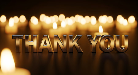 A reflective and heartfelt "Thank You" message rendered in metallic 3D letters, set against a warm backdrop of softly glowing candles.の素材