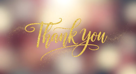 A shimmering golden script displays "Thank You" against a blurred, soft pink and white bokeh background with subtle glitter.の素材