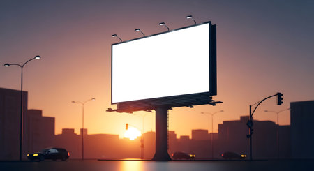 A large, blank billboard stands tall in a city at sunset, ready for advertising. The sky is painted with warm hues.の素材