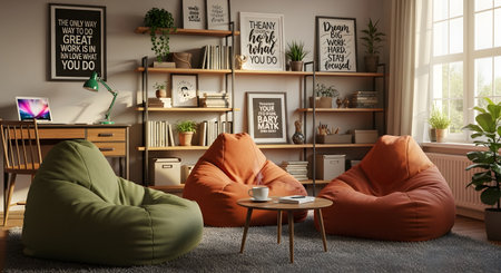A comfortable and inviting living space featuring three large beanbag chairs, a small coffee table, and extensive bookshelves filled with books and decor.の素材