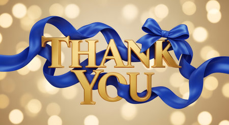 Golden 'Thank You' text is artfully entwined with a flowing blue satin ribbon and bow, set against a soft bokeh background.の素材