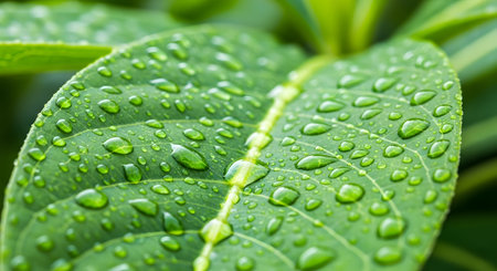 Macro view of a lush green leaf with numerous sparkling water droplets after rain or watering. Natural beauty.の素材