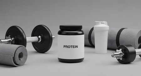 A collection of fitness gear including dumbbells, resistance bands, and a protein powder container, arranged for a workout.の素材