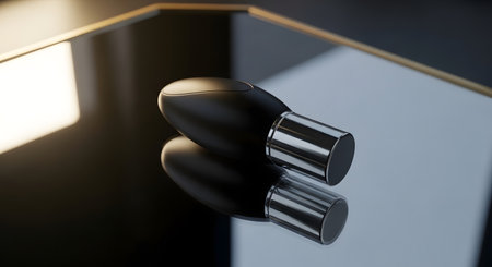 A close-up shot of a modern black and silver earbud, its reflection clearly visible on a dark, glossy surface.の素材