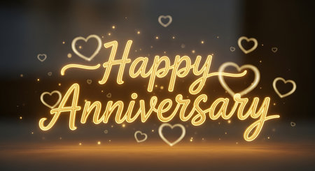 A warm, glowing golden text reads "Happy Anniversary" surrounded by floating hearts and shimmering sparkles on a dark background.の素材