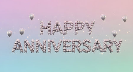 The words Happy Anniversary are formed by delicate floral arrangements against a soft gradient background with floating balloons.の素材