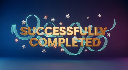 Golden text reads "SUCCESSFULLY COMPLETED" surrounded by flowing blue ribbons and small white stars on a dark gradient background.の素材