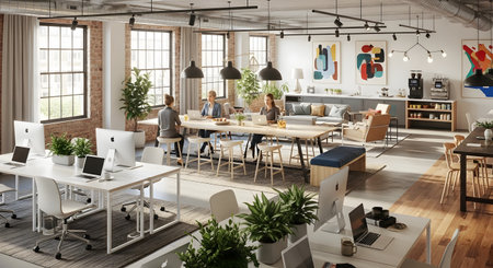 A spacious loft office with large windows, exposed beams, and a mix of workstations, meeting areas, and retail displays.の素材