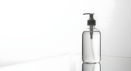 A clear plastic pump bottle filled with transparent liquid stands against a bright white background with subtle shadow and reflection.の素材