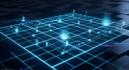 A futuristic, glowing blue grid representing a digital network with interconnected nodes and data streams.の素材
