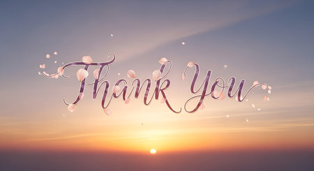 A beautiful sunset with the words Thank You elegantly scripted in the sky, illuminated by soft light.の素材