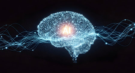 A luminous, abstract representation of a human brain formed by glowing blue digital particles and intricate neural network pathways.の素材