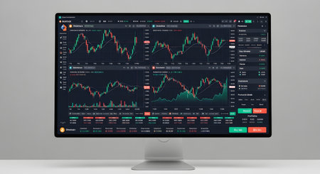 A dark screen on a computer monitor shows multiple stock market trading charts with candlestick patterns and financial data.の素材