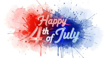 A vibrant watercolor splash in red and blue features glowing text that reads Happy 4th of July.の素材