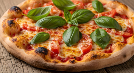 A close-up shot of a freshly baked Margherita pizza, showcasing melted cheese, vibrant tomato sauce, and aromatic basil leaves on a rustic wooden surface.の素材