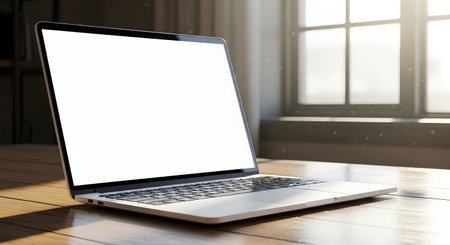 A contemporary laptop with a blank white screen sits on a rustic wooden desk, bathed in natural light from a nearby window.の素材
