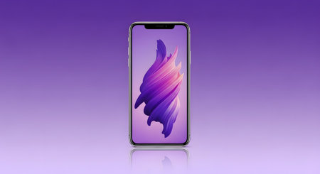 A sleek, modern smartphone stands vertically against a gradient purple background, showcasing a vibrant abstract digital artwork on its screen.の素材