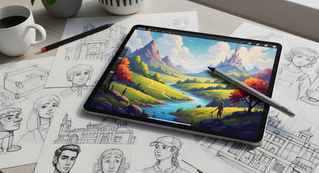 A digital tablet displays a vibrant fantasy landscape. A stylus rests on the screen, surrounded by sketches and art supplies.の素材