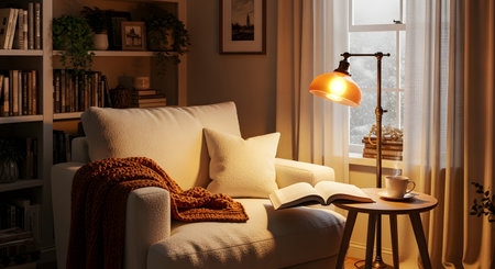 A comfortable armchair with pillows and a blanket sits beside a bookshelf, illuminated by a warm lamp, perfect for a quiet reading session.の素材